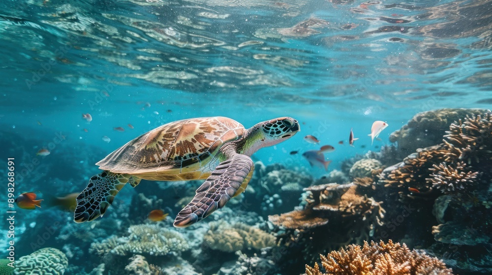 Fototapeta premium A turtle swims in the ocean along a coral reef.