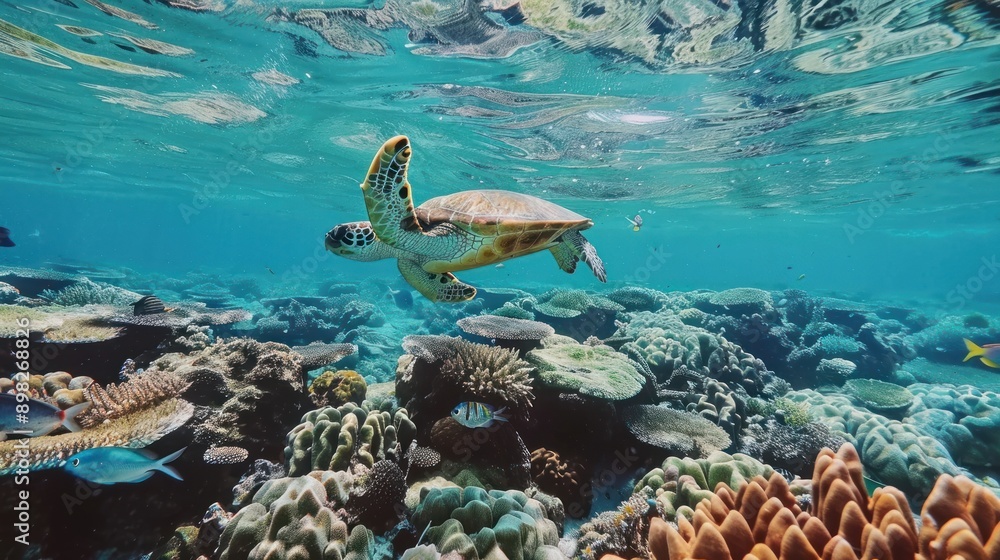 A turtle swims in the ocean along a coral reef. A turtle swims in the ocean along a coral reef.