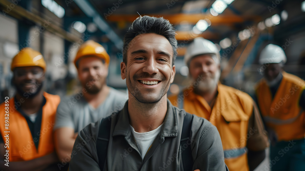 Fototapeta premium Portrait of smiling factory worker in front of group of diverse workers