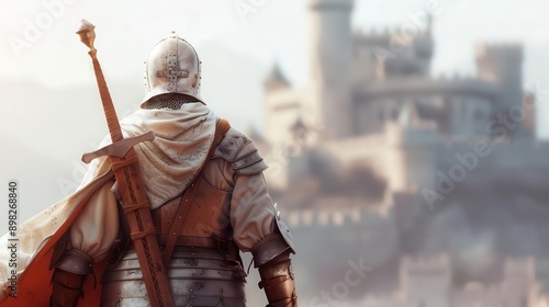 Medieval knight in armor gazing at a majestic castle in the distance, symbolizing bravery and adventure in a historical fantasy setting.