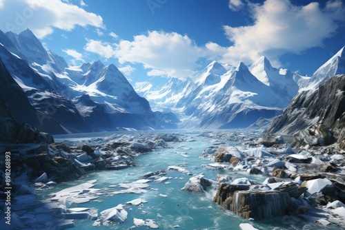 A majestic glacier flowing between mountain peaks