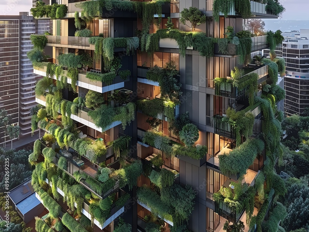 A sleek highrise apartment building with a rooftop garden A sleek highrise apartment building with a rooftop garden