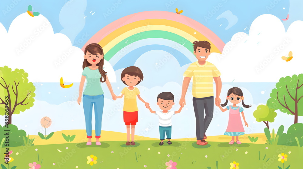 Fototapeta premium A family happily walking outdoors together Suitable for use in many ways, such as the cover of magazines or family books, campaign posters, teaching media, presentation illustrations background.