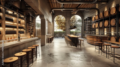 A stylish urban winery with barrels and a tasting room photo