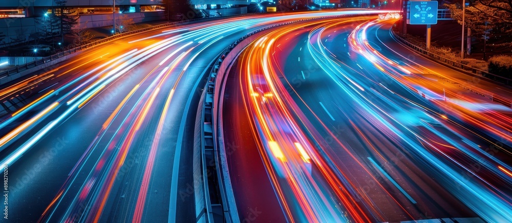Long Exposure Night Traffic on Highway with Colorful Light Trails and Cityscape Background Long Exposure Night Traffic on Highway with Colorful Light Trails and Cityscape Background
