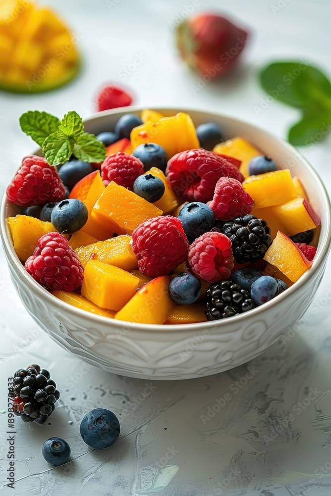 Fresh and Vibrant Mixed Fruit Salad with Berries, Mango, and Mint in a White Bowl on a Light Background Fresh and Vibrant Mixed Fruit Salad with Berries, Mango, and Mint in a White Bowl on a Light Background