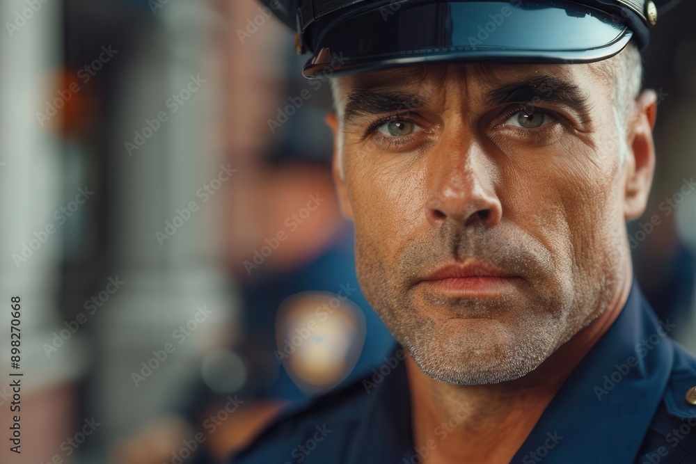 closeup portrait of determined police officer in uniform sharp focus on intense gaze and badges blurred background suggests bustling precinct closeup portrait of determined police officer in uniform sharp focus on intense gaze and badges blurred background suggests bustling precinct