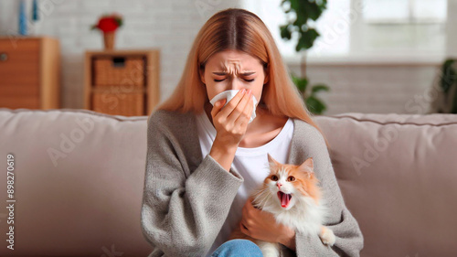 Young woman with cat allergy sneezes indoors due to allergic reaction at home photo