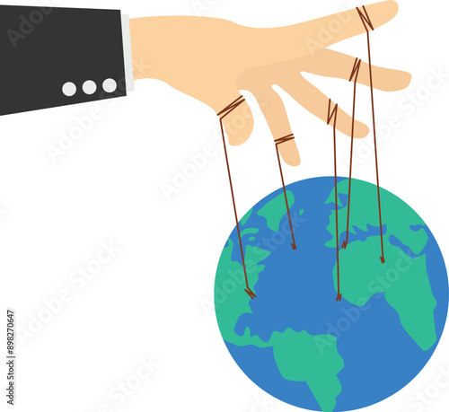 Domination and control. Hand manipulates and control economy and political. Puppet string to control the world. Flat vector illustration


