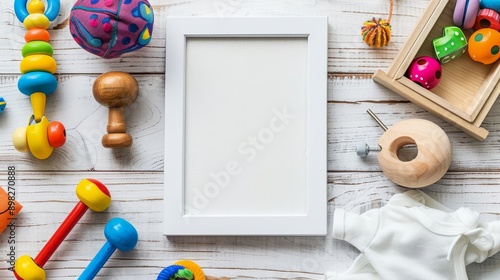 A white frame surrounded by colorful baby toys arranged on a woo photo