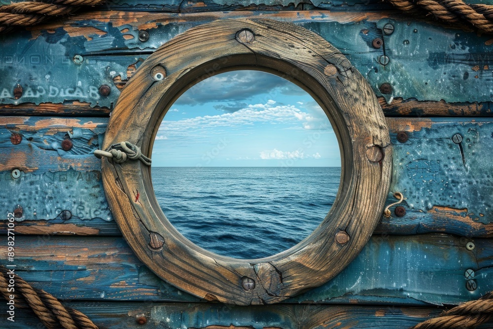Pirate Ship Porthole with a frame of weathered wood, barnacles, and nautical ropes. The center is a blank view through a ship's porthole, revealing a vast, open sea. Pirate Ship Porthole with a frame of weathered wood, barnacles, and nautical ropes. The center is a blank view through a ship's porthole, revealing a vast, open sea.