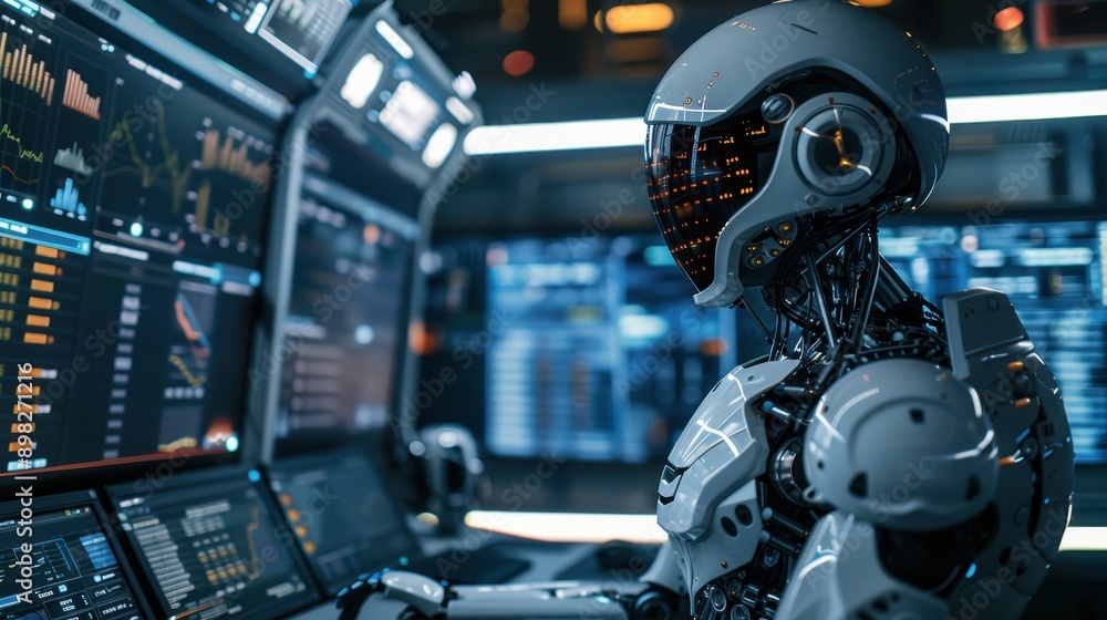 Futuristic Robot Analyzing Data on Multiple Screens in a High-Tech Control Room with Advanced Technology Futuristic Robot Analyzing Data on Multiple Screens in a High-Tech Control Room with Advanced Technology