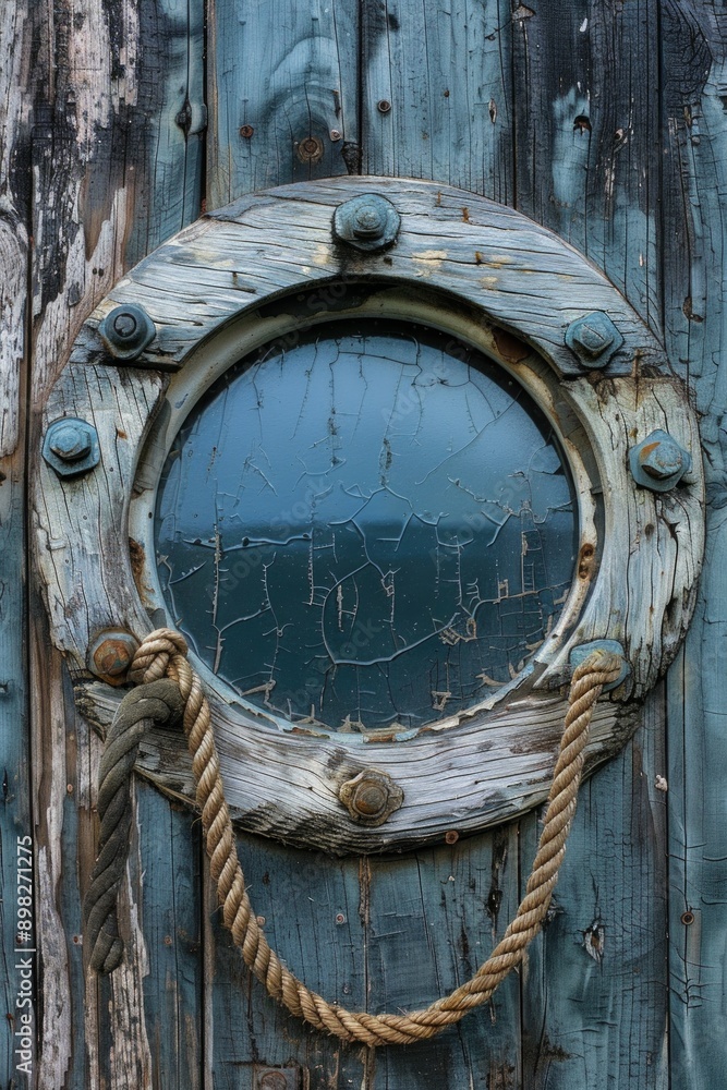 Pirate Ship Porthole with a frame of weathered wood, barnacles, and ...