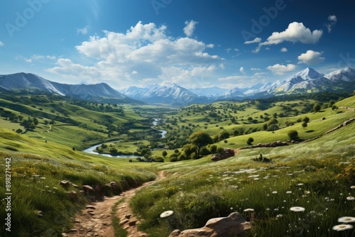 A panoramic view of a rolling hills landscape with wildflowers