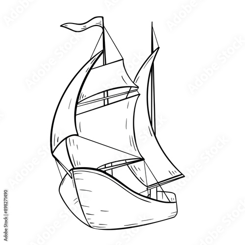 Sailing boat black and white vector illustration isolated. Sailing ship hand drawn ink silhouette. Masted vintage sailboat contour. Sea transport coloring. Simple cartoon drawing boat outline