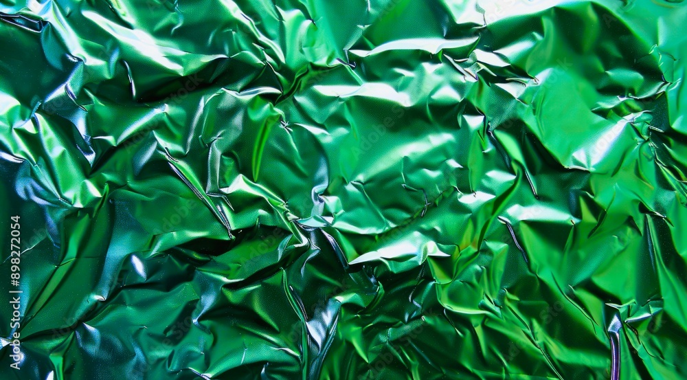 Crumpled metallic green foil texture background, top view. Surface of shiny green foil sheet with wavy pattern. Crumpled metallic green foil texture background, top view. Surface of shiny green foil sheet with wavy pattern.