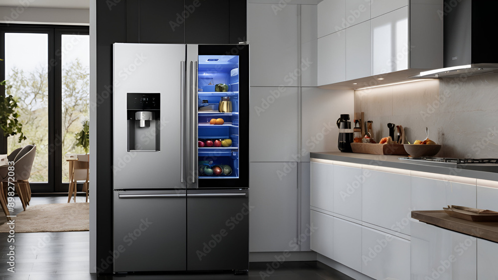 A sleek kitchen with a fridge and a sink, showcasing modern design A sleek kitchen with a fridge and a sink, showcasing modern design