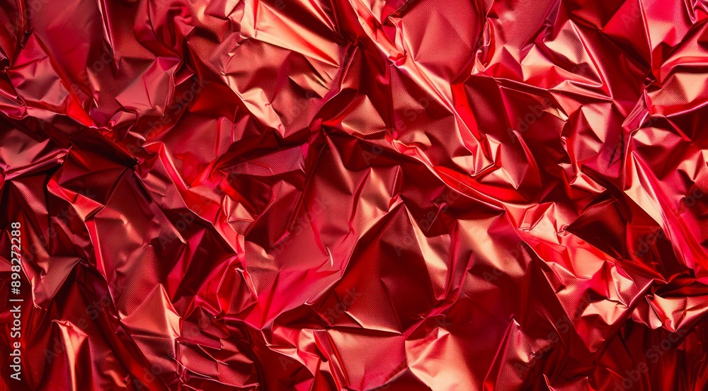 Crumpled metallic red foil texture background, top view. Surface of red foil sheet with wavy pattern. Crumpled metallic red foil texture background, top view. Surface of red foil sheet with wavy pattern.