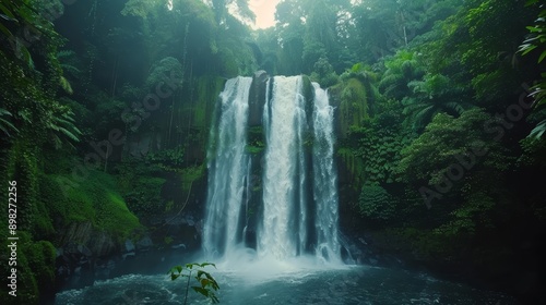  In the heart of a verdant forest, a sizable waterfall stands, encircled by an abundance of lush green vegetation A petite tree graces the scene in