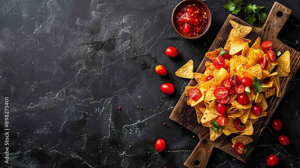 Crispy snack, nacho chips with cherry tomatoes on a cutting board on a black background
Crispy snack, nacho chips with cherry tomatoes on a cutting board on a black background