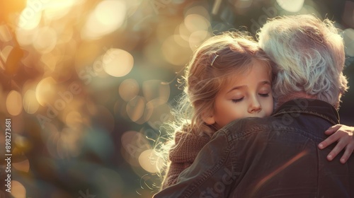  An older man and a young girl embrace before a backdrop of softlyfocused trees and rustling leaves photo