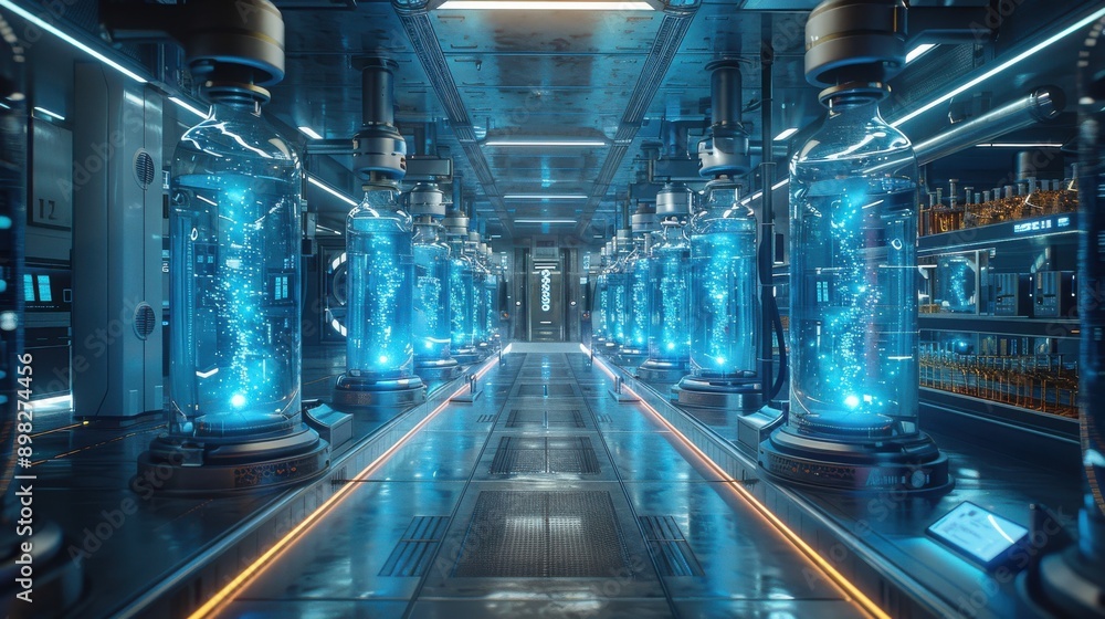 Fototapeta premium Zero-gravity laboratory, scientists conducting floating experiments with futuristic equipment, test tubes, and data tablets hovering around, showcasing groundbreaking research and discoveries in a