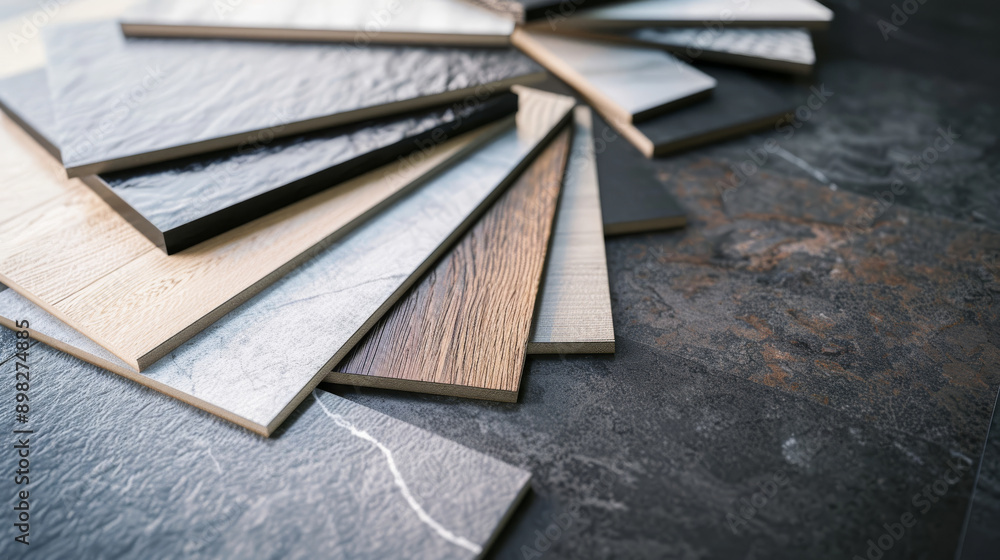 A variety of sleek tile samples fan out on a surface, showcasing different textures and colors for home or office design inspirations.