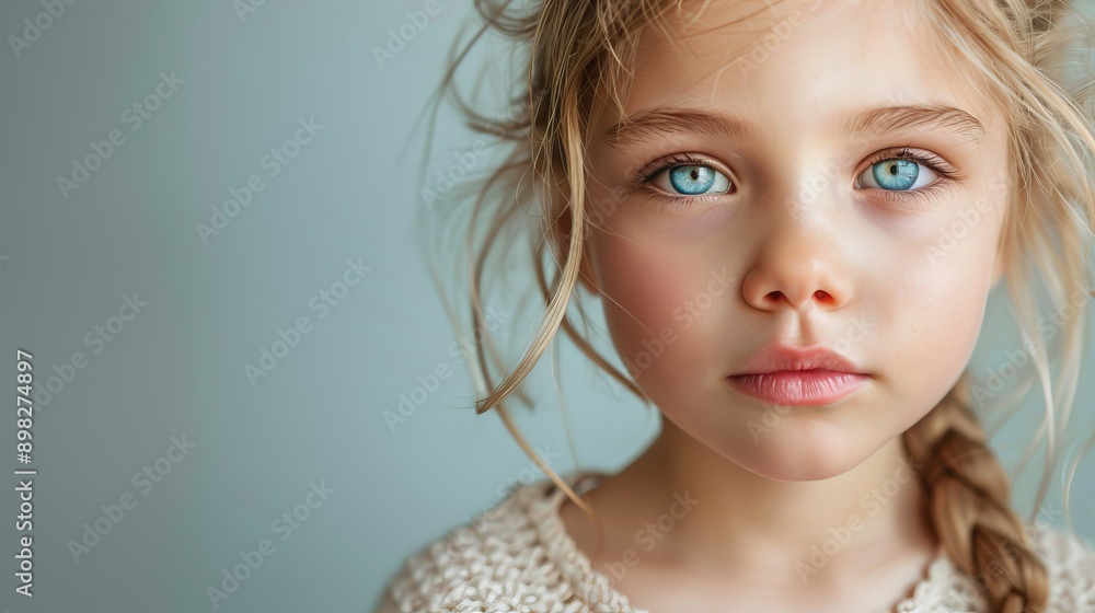 A child with blue eyes and a braided forelock against a blue backdrop A child with blue eyes and a braided forelock against a blue backdrop
