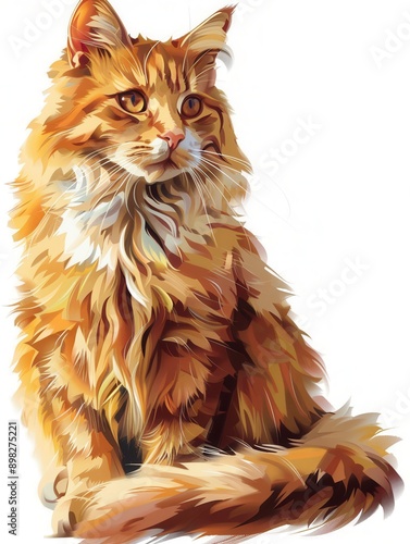 A fluffy golden tabby cat sits with its head tilted and eyes looking to the side. Generative AI photo