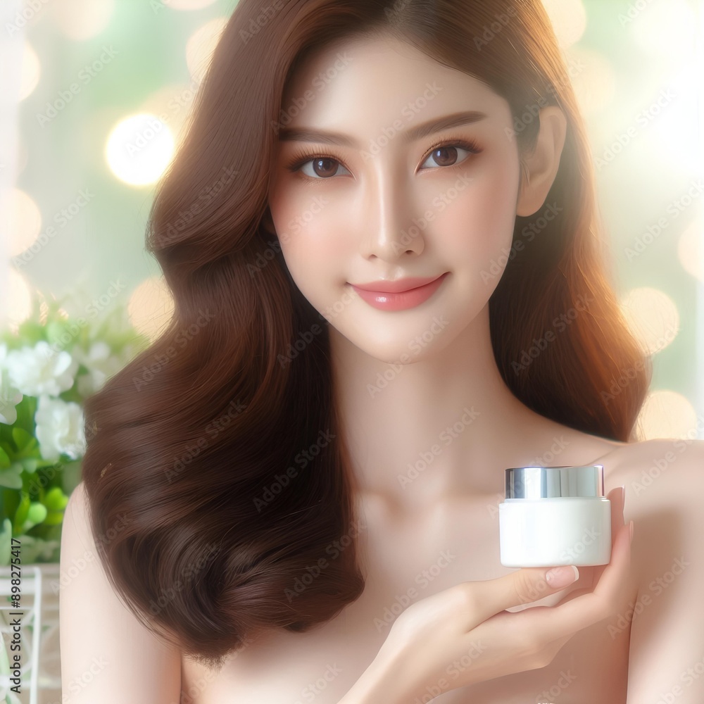 The model looks beautiful and charming. Holding a skin cream product The background looks bright. The model looks beautiful and charming. Holding a skin cream product The background looks bright.