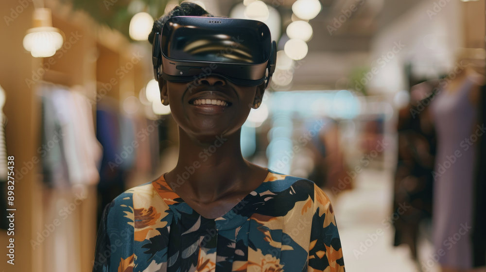 A joyful woman is fully immersed in a virtual reality experience, wearing a VR headset in a brightly lit, modern indoor setting. A joyful woman is fully immersed in a virtual reality experience, wearing a VR headset in a brightly lit, modern indoor setting.