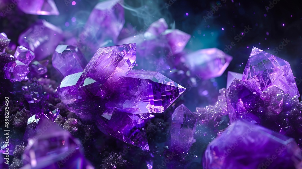 Purple crystals are surrounded by smoke. Purple crystals are surrounded by smoke.