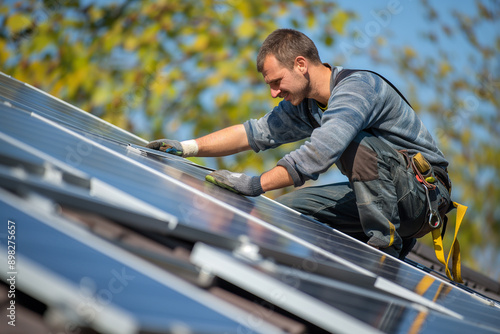 Man worker installing solar panels on roof, Installing a Solar Cell on a Roof. Solar panels on roof. Workers installing solar cell farm power plant eco technology, generative ai