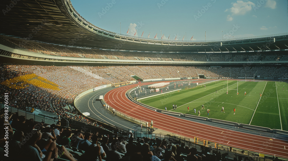 A vast stadium filled with spectators, with athletes competing on the track under a clear blue sky, capturing a moment of sportsmanship and enthusiasm. A vast stadium filled with spectators, with athletes competing on the track under a clear blue sky, capturing a moment of sportsmanship and enthusiasm.