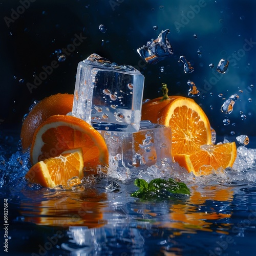 A water splashing on oranges and ice cubes.