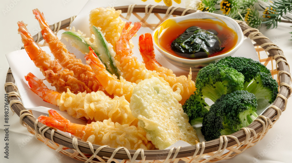 A basket of assorted tempura vegetables and shrimp, served with dipping sauce, showcases a vibrant and delicious Japanese meal. A basket of assorted tempura vegetables and shrimp, served with dipping sauce, showcases a vibrant and delicious Japanese meal.