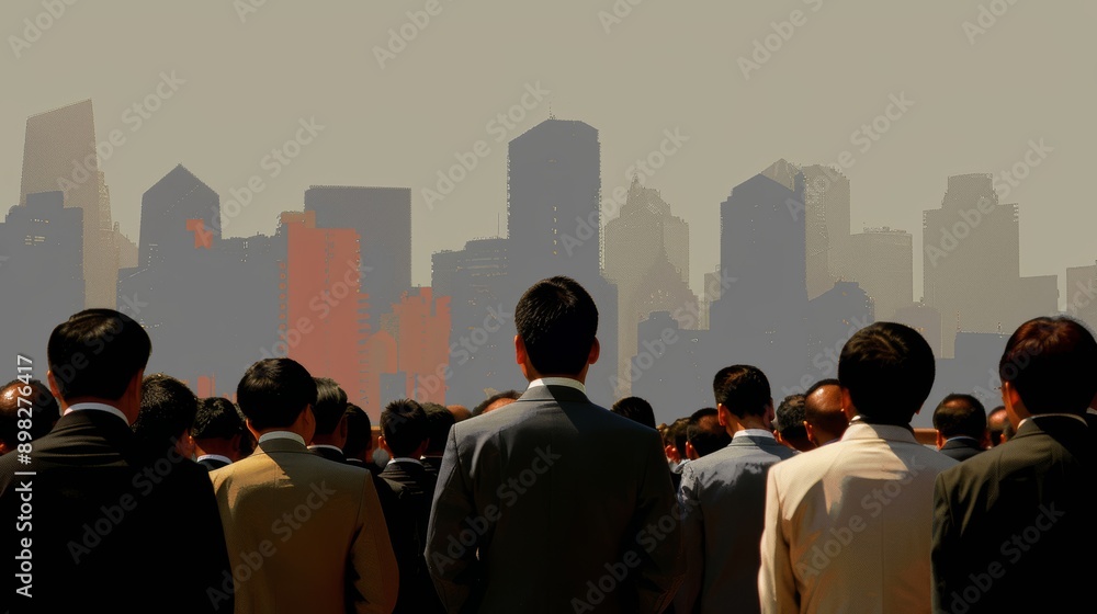 Fototapeta premium Business Crowd Facing Futuristic City Skyline at Dusk for Urban Professional Theme