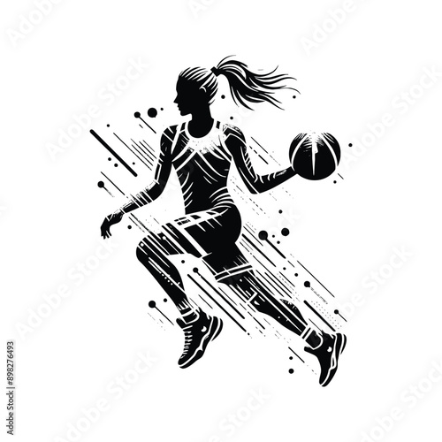Basketball  female player in cyberpunk pattern illustration, emblem shield badge