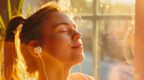 A young woman, with earphones in, is blissfully absorbing the sunlight through a window, eyes closed in a peaceful moment.