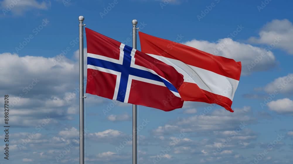 Austria and Norway flags flying together, video concept of the relationship, two country relations concept Austria and Norway flags flying together, video concept of the relationship, two country relations concept