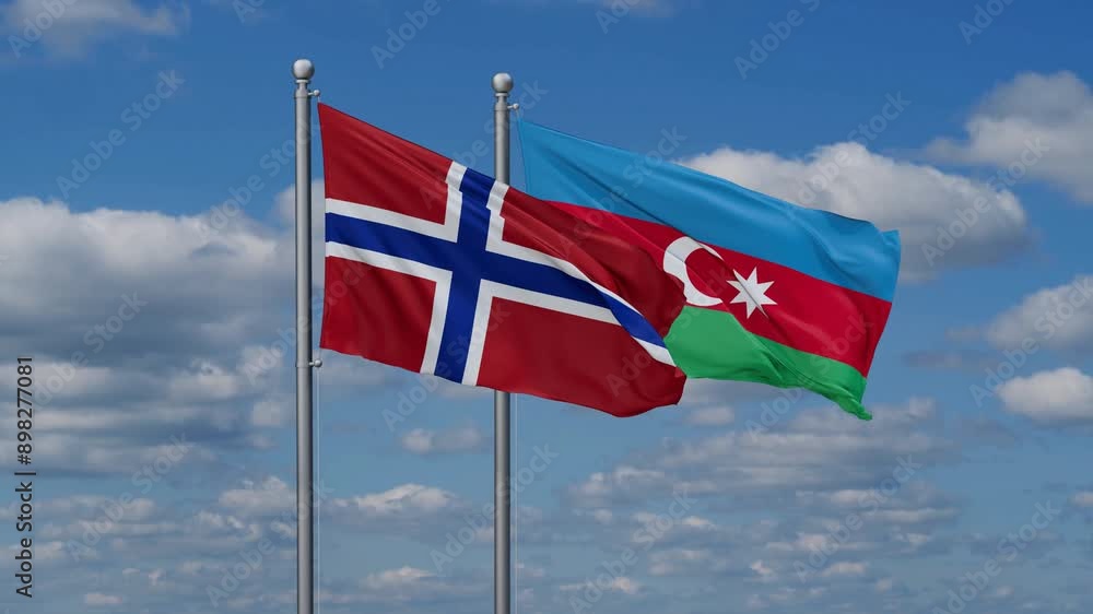 Azerbaijan and Norway flags flying together, video concept of the relationship, two country cooperation concept Azerbaijan and Norway flags flying together, video concept of the relationship, two country cooperation concept