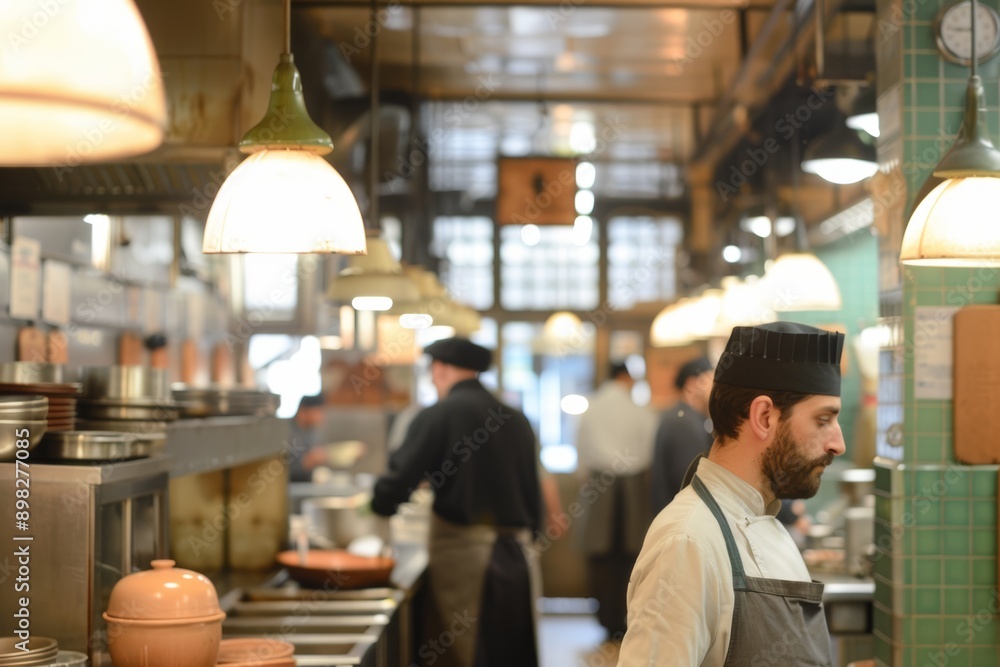 Busy Commercial Kitchen with Focused Chefs Preparing Dishes Under Warm Lighting Busy Commercial Kitchen with Focused Chefs Preparing Dishes Under Warm Lighting