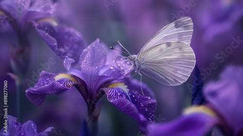  Close-up of a butterfly on a flower with water droplets on its wings and a blurred background photo