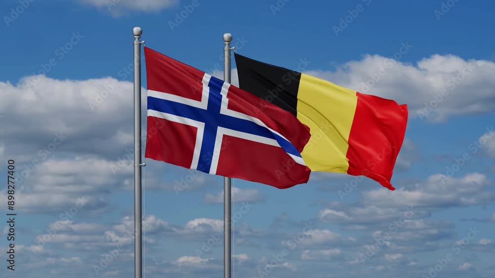 Belgium and Norway flags flying together, video concept of the relationship, two country relations concept Belgium and Norway flags flying together, video concept of the relationship, two country relations concept