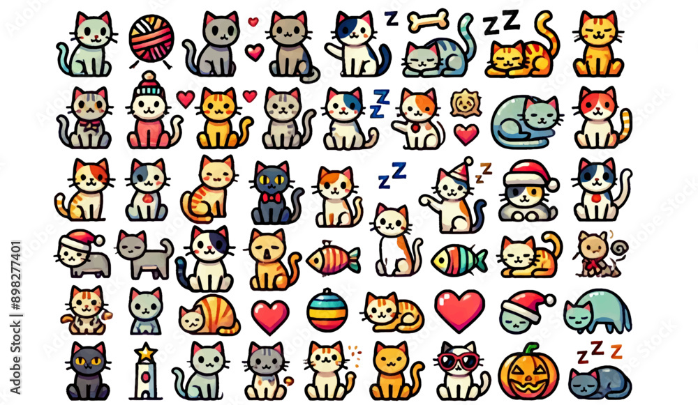 Obraz premium Set of Cute Cartoon Cats in Different Poses and Activities