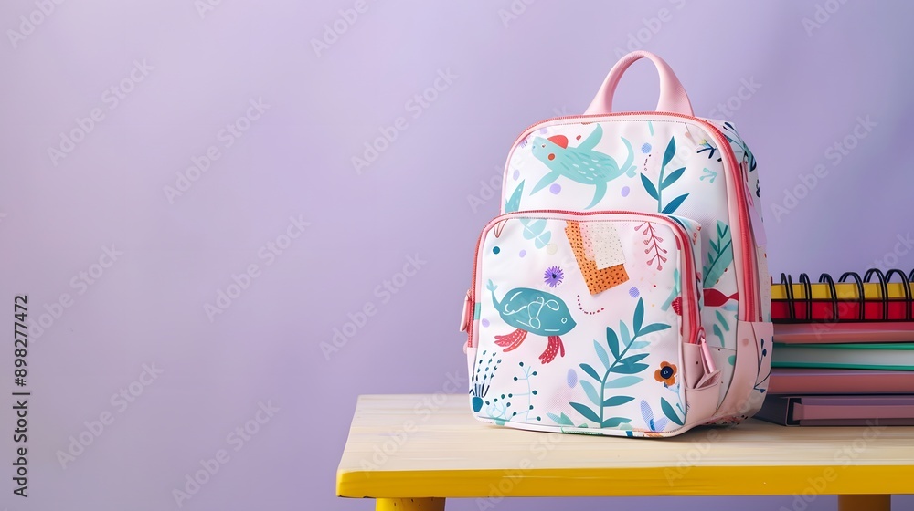 Colorful Backpack on Yellow Table. Colorful Backpack on Yellow Table.