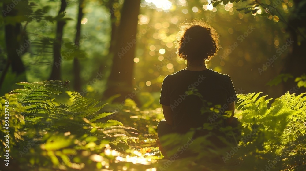 A person enjoying a peaceful moment in a lush green forest A person enjoying a peaceful moment in a lush green forest