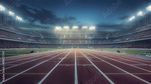 A well-lit stadium track awaits the athletes, with empty seats and dramatic lighting creating an anticipatory and serene scene. photo