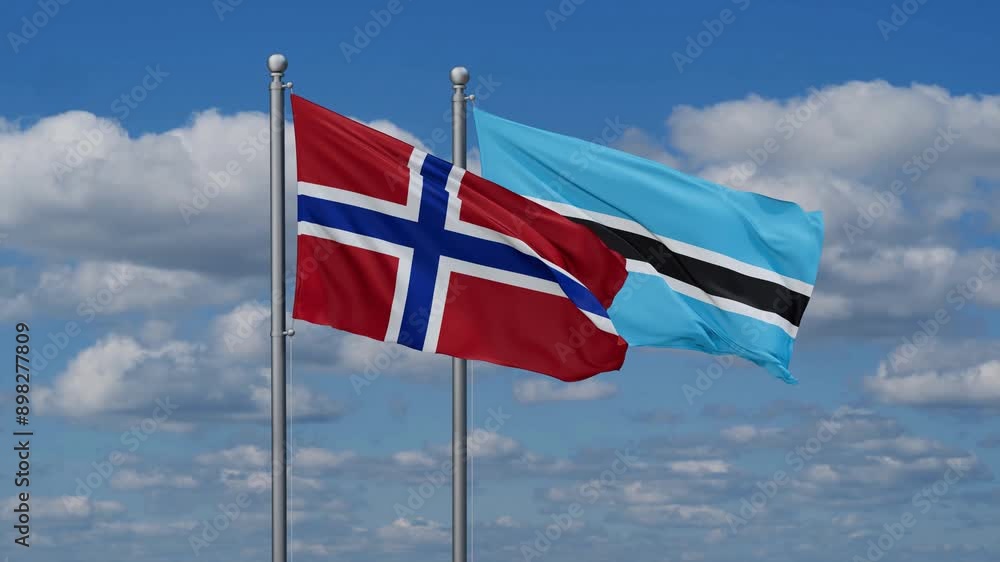 Botswana and Norway flags flying together, video concept of the relationship, two country relations concept Botswana and Norway flags flying together, video concept of the relationship, two country relations concept