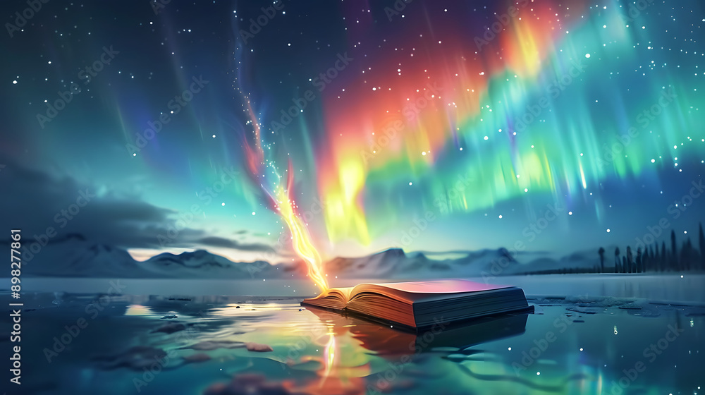 Naklejka premium Surreal digital artwork of a paintbrush painting the northern lights across a starry night sky for Summer Solstice